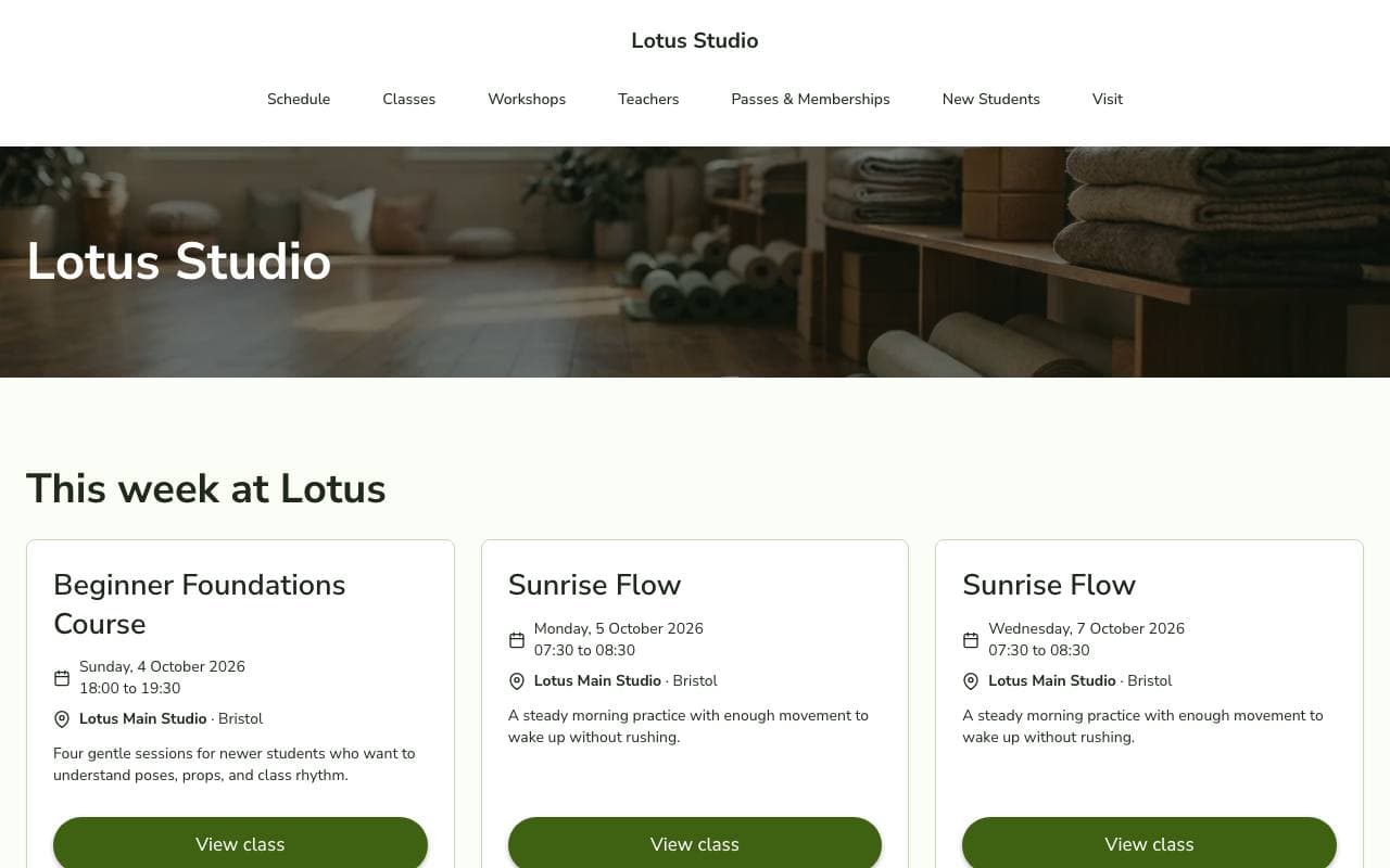 Lotus Studio's home page: a calm studio photo under the name, then this week's classes with a button to view each one