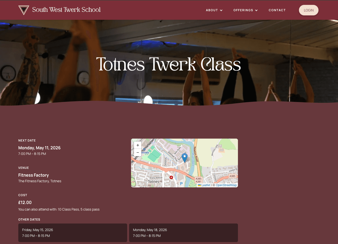 A Macadamia-powered studio website showing a class page with booking details